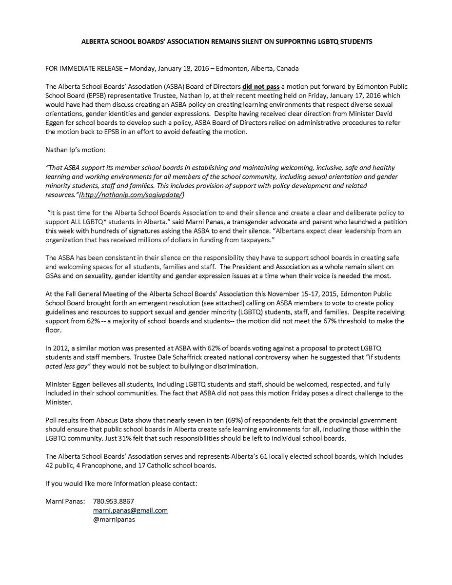 KristopherWells's tweet photo. .@ABSchoolBoards remains silent on supporting LGBTQ students. See Media Release. #ableg #abed https://t.co/cEATHgeb1c