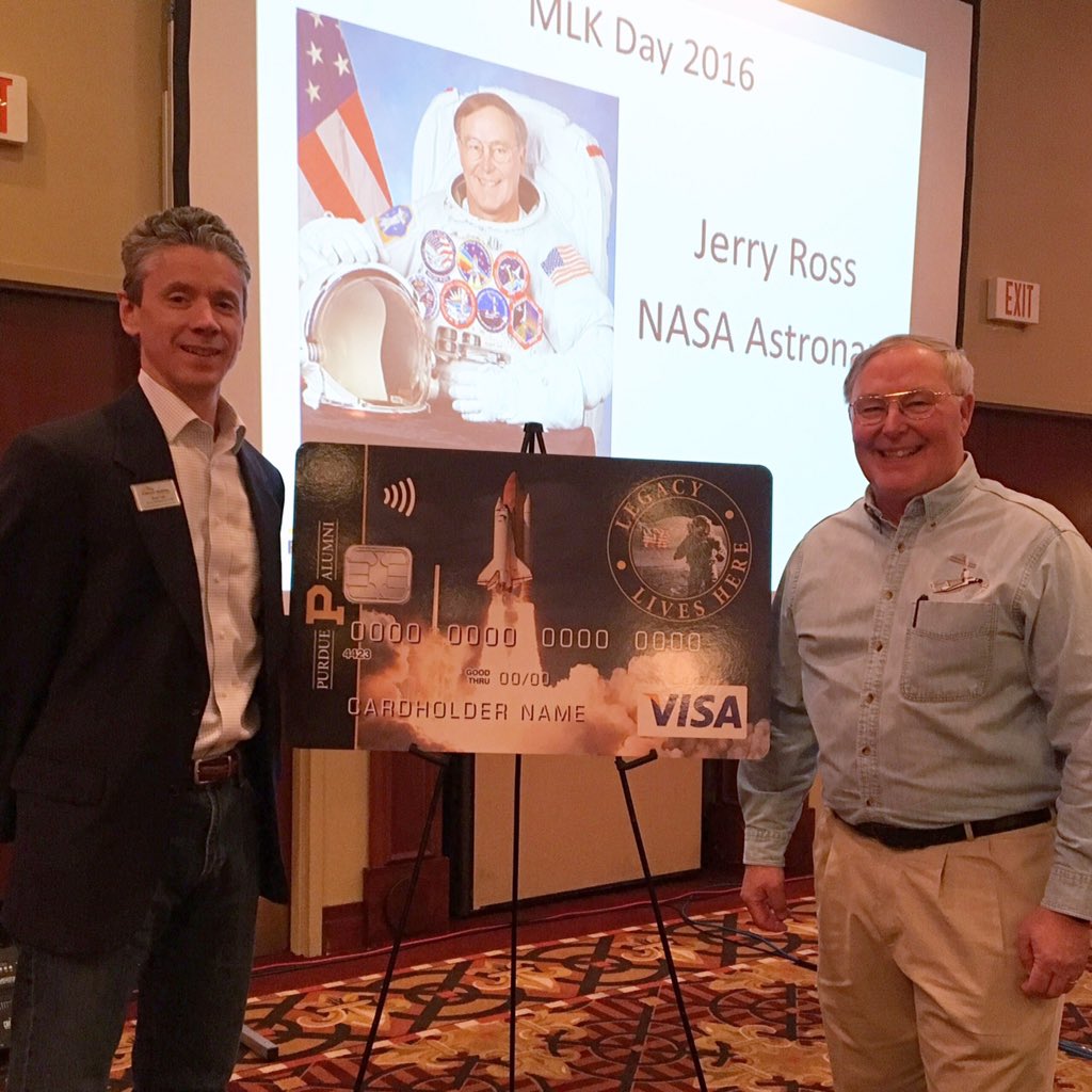 PurdueFed's tweet photo. Great day planning for 2016 and launching our new #spacecard with Jerry Ross. @FalkBob #mostspaceflights #astronaut https://t.co/CPWphwZqOz