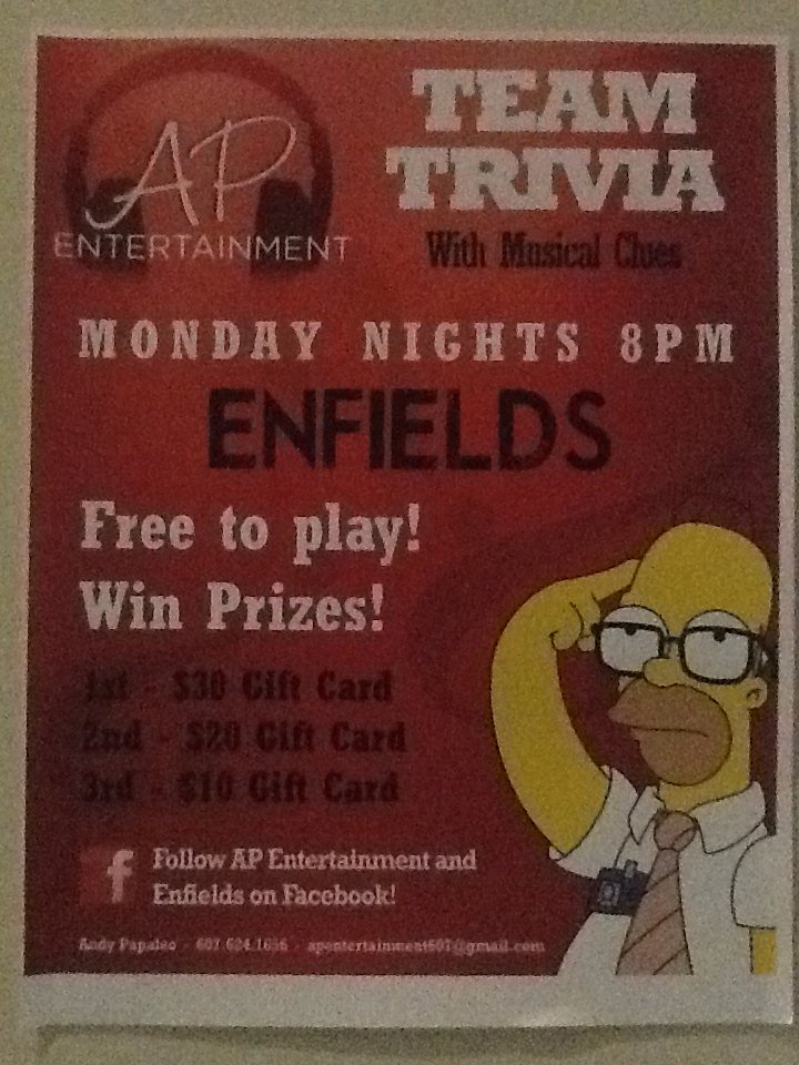 Enfieldspub's tweet photo. Know it all? Prove it tonight at Enfields! All teams get half off appetizers! https://t.co/clF7TP8mCu