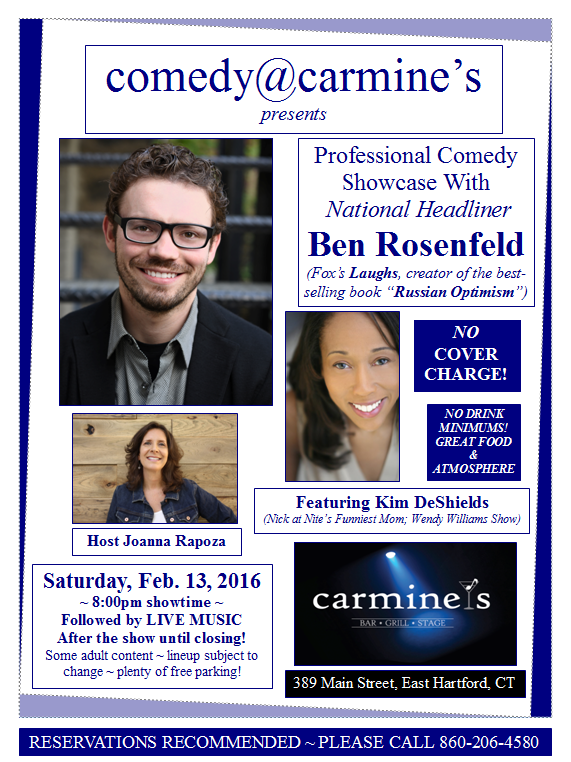 rangeleymoose's tweet photo. The next Comedy@Carmine's PRO show is Sat, 2/13. NO cover/NO minimums. Great comics &amp; food!
https://t.co/P10zBdDsAF https://t.co/KKxpyNQFMt