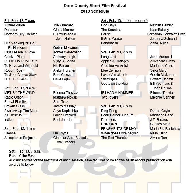 DoorCountyTODAY's tweet photo. The schedule is done for the Door County Short Film Festival.  February 12-13 in Suster Bay! #dcsff https://t.co/3LUiZPwC8z