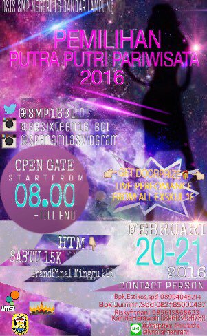 "Pemilihan Putra/i Pariwisata" Tingkat provinsi. 
🙌 COME. JOIN. WIN. #BIGEVENT2016