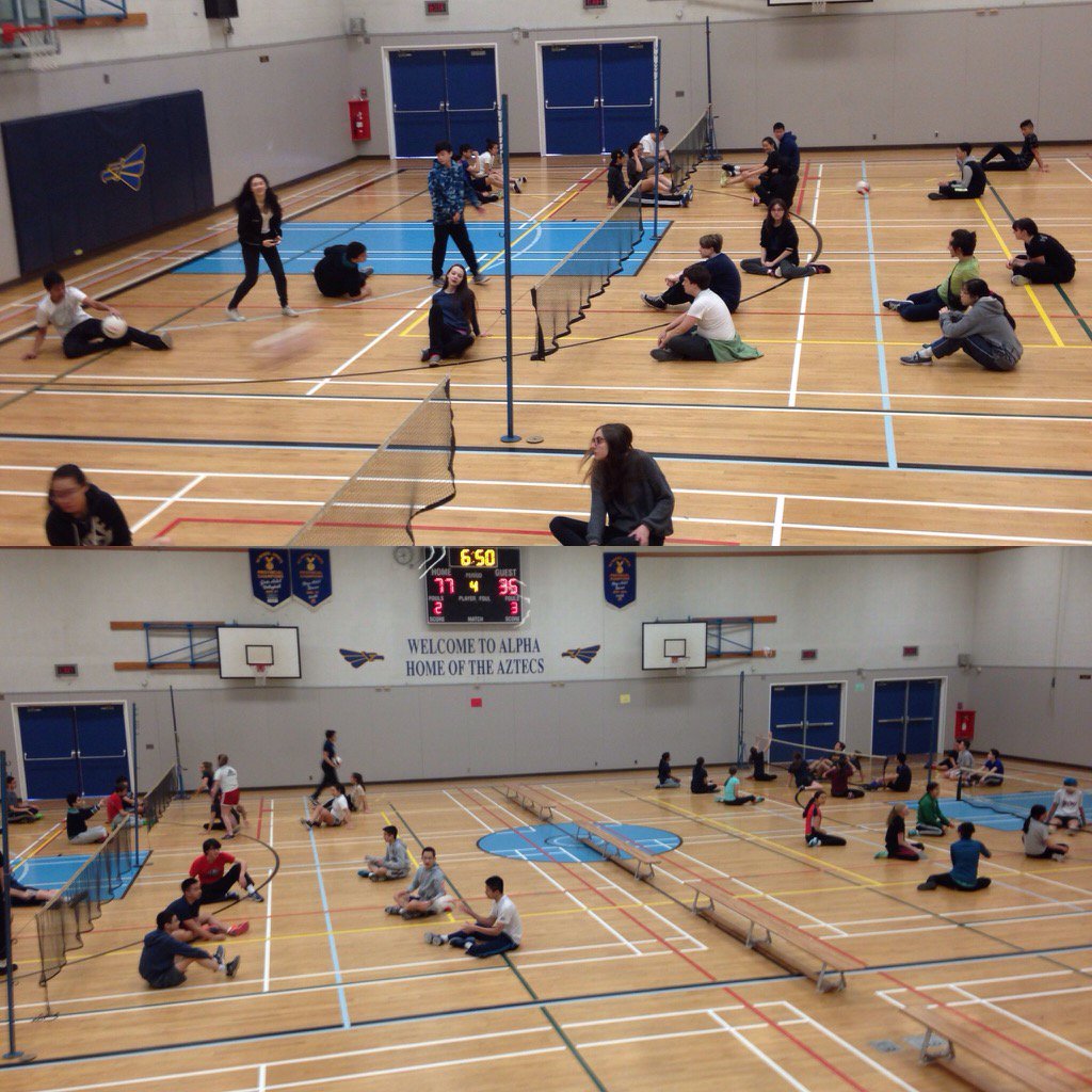Taylorsphall's tweet photo. @alphaSD41 PE trying out some sitting volleyball. Thanks @imhalliday @VBallCanada @VolleyballBC for inspiration! https://t.co/lP0XeiiOSB