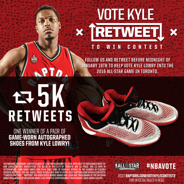 Raptors's tweet image. Prizes don't stop! If we get 5k RT's for Kyle Lowry, we'll give away a SIGNED pair of his GAME WORN shoes. #NBAVote