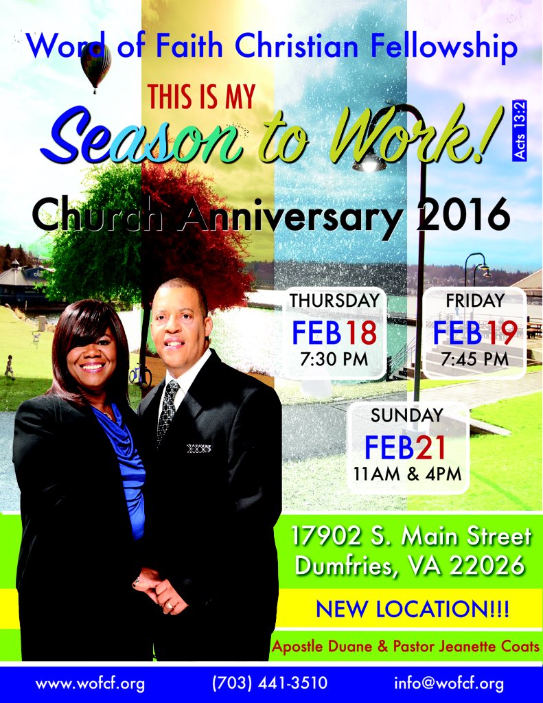 thefaithva's tweet photo. Join @BishopCoats @PastorJYC @Dad4Tymez &amp; @WOFCF for #Church Anniversary 2016! https://t.co/o6tJ74sI3z #WOFCF https://t.co/kcnqheLM56