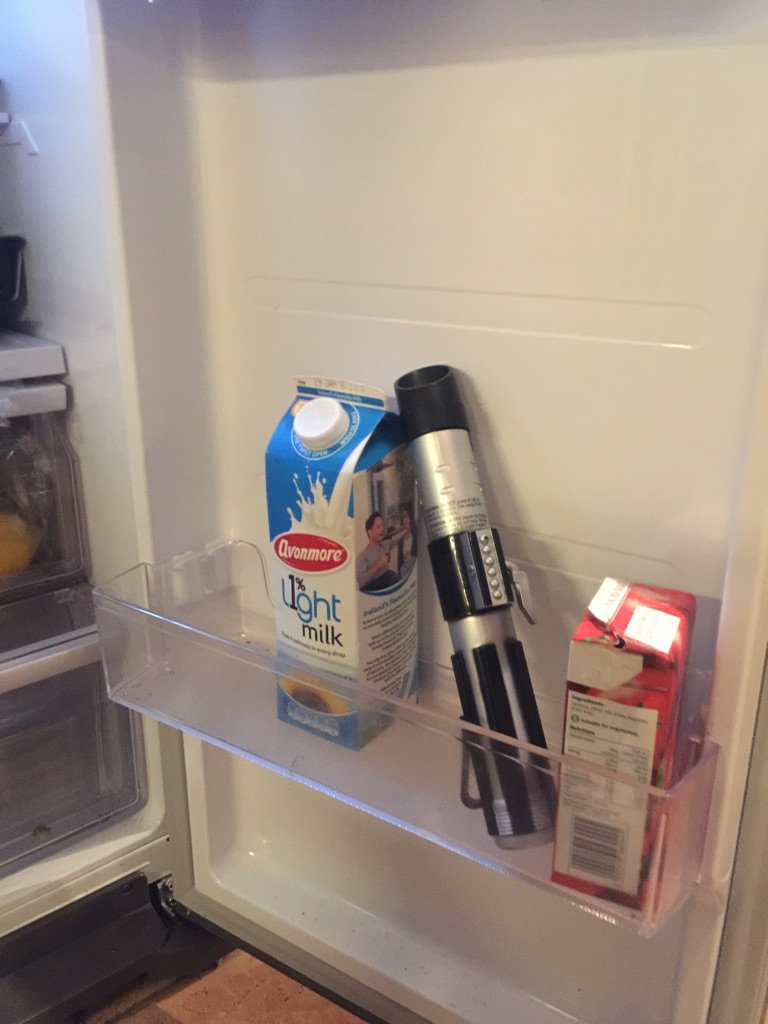 JohnMcMahonIrl's tweet photo. Open fridge door. Find milk. And, thanks to #DearRoss, a light sabre. As you do. #TheFridgeAwakens https://t.co/cMUgjopRYl