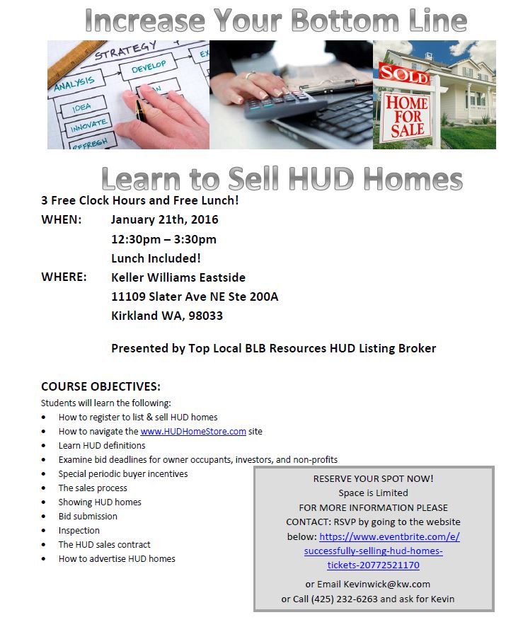 KWeastside's tweet photo. Want to learn how to sell #HUDhomes ?? HUD Outreach with Kevin Wick - Thurs. 1/21 @ 12:30pm #realestate #clockhours https://t.co/UknAYHauey