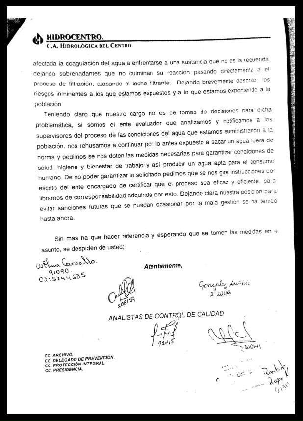 CarlosGraffe's tweet photo. VALENCIA: En el 2014 las analistas de calidad de Hidrocentro señalaron q el agua NO es apta para consumo humano. https://t.co/y5pY5RlDeo