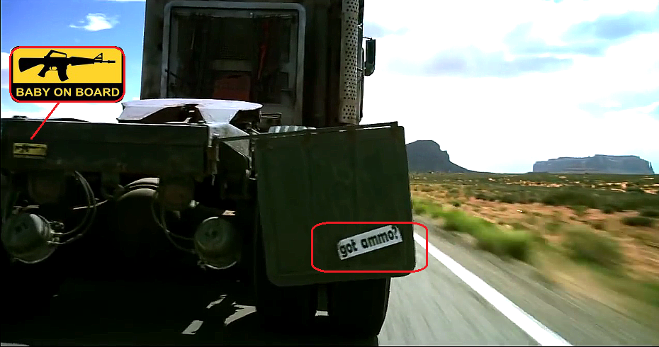 TFtrivia_bot's tweet photo. ぼろトラックに擬態していても実はわりと好戦的。「BABY ON BOARD（「銃積んでます」）」、「GOT AMMO?」（弾はあるか？）https://t.co/8kRdAiKIhw #AOE