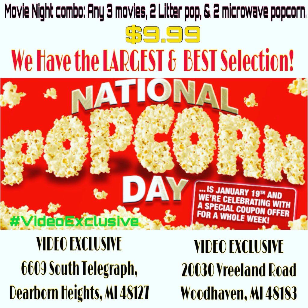 AE4all's tweet photo. Happy #NationalPopcornDay #VideoExclusive Largest and the Best of all kind of movies. Visit, It is worth the drive! https://t.co/BkeytFRwFN