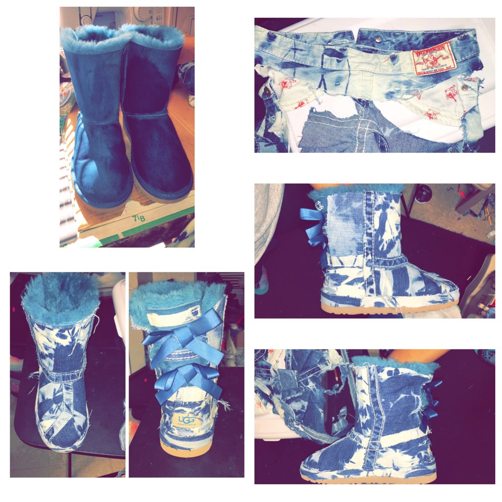 Nayborhoodslim's tweet photo. pair of #BaileyBow Jean #Uggs 🎀 my mother made for a customer using a pair of #truereligion jeans . DOPE 🔥 https://t.co/l15zUVLjm5