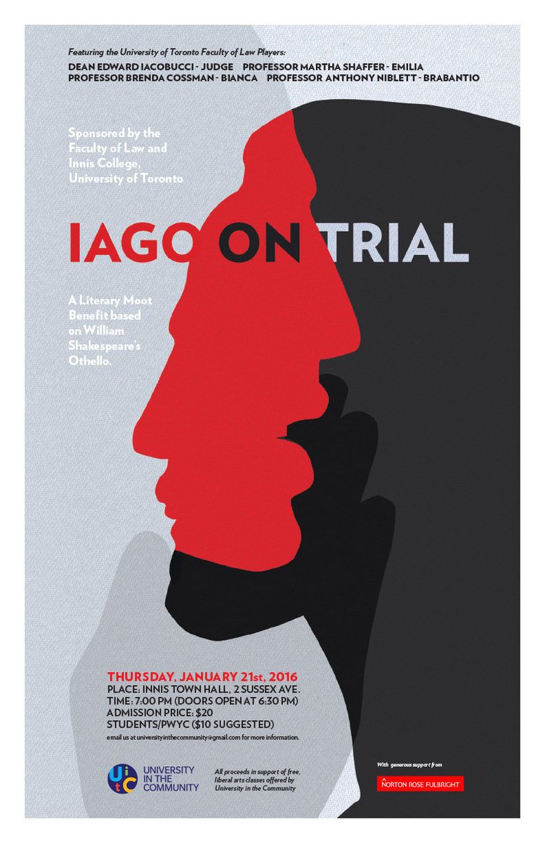 UitCToronto's tweet photo. So excited for another Literary Moot this Thursday @UofT  #fundraiser #trial #Shakespeare #othello #Iagoontrial https://t.co/RsmQEuIGLH