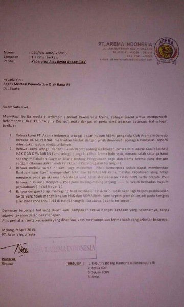 Masih percaya dengan kata" rekonsiliasi?? Yang ada hanya DUPLIKASI dan AMPUTASI belaka. <a href="/liga_beset/">308. PS Arema Indonesia, PT. (asli Yayasan Arema)</a> @Bartindoo