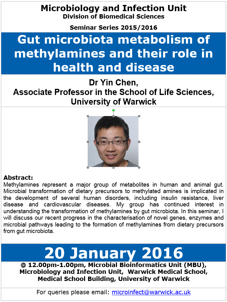 WarwickMicrobio's tweet photo. Don't miss our seminar speaker Dr Yin Chen who will be joining us tomorrow at 12pm @warwickmed https://t.co/8c5zCVuxCU
