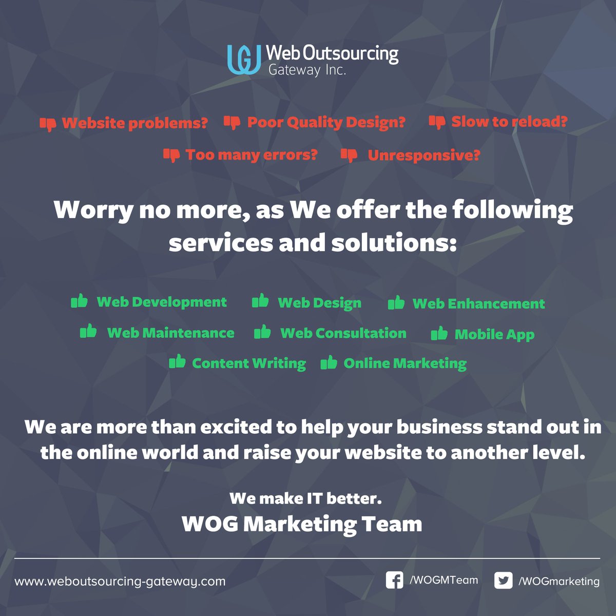 WOGmarketing's tweet photo. Our contact info: marketingteam@weboutsourcing-gateway.com. #webdesign #webdev #mobileapp #onlinemarketing https://t.co/ysgxsmXZ2r