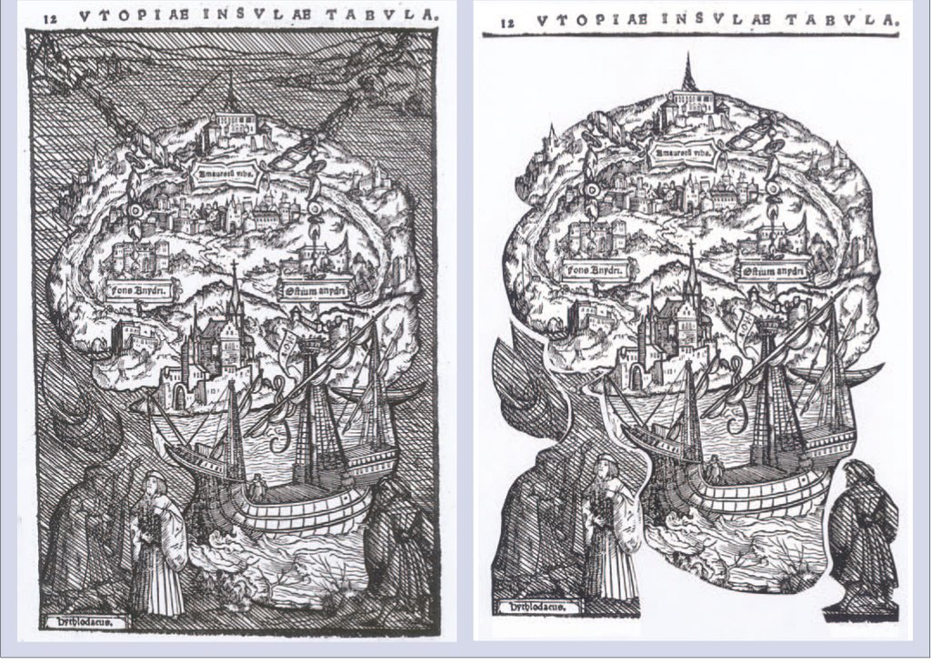 Memento mori - auch ein Wortspiel mit Memento Mori (Gedenke des Thomas More) aus: Utopia-Illustration von 1518