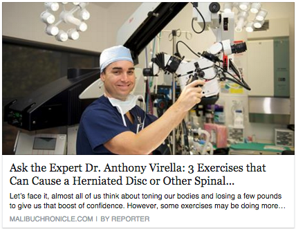 VNeurosurgery's tweet photo. Dr. Virella was featured in Malibu Chronicle discussing #exercise which may cause #backpain https://t.co/mA1zscpXf6 https://t.co/vjEvJSZvvs