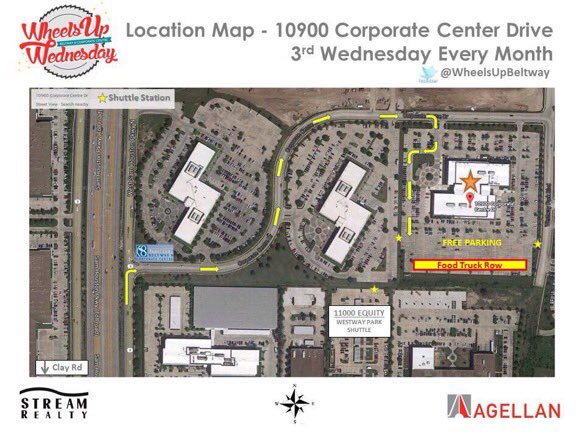 12 Food Trucks Westside Houston <a href="/WheelsUpBeltway/">Wheels Up Wednesday</a> 
Wednesday 1/20/16 11am-2pm
10900 Corporate Center Dr near Clay