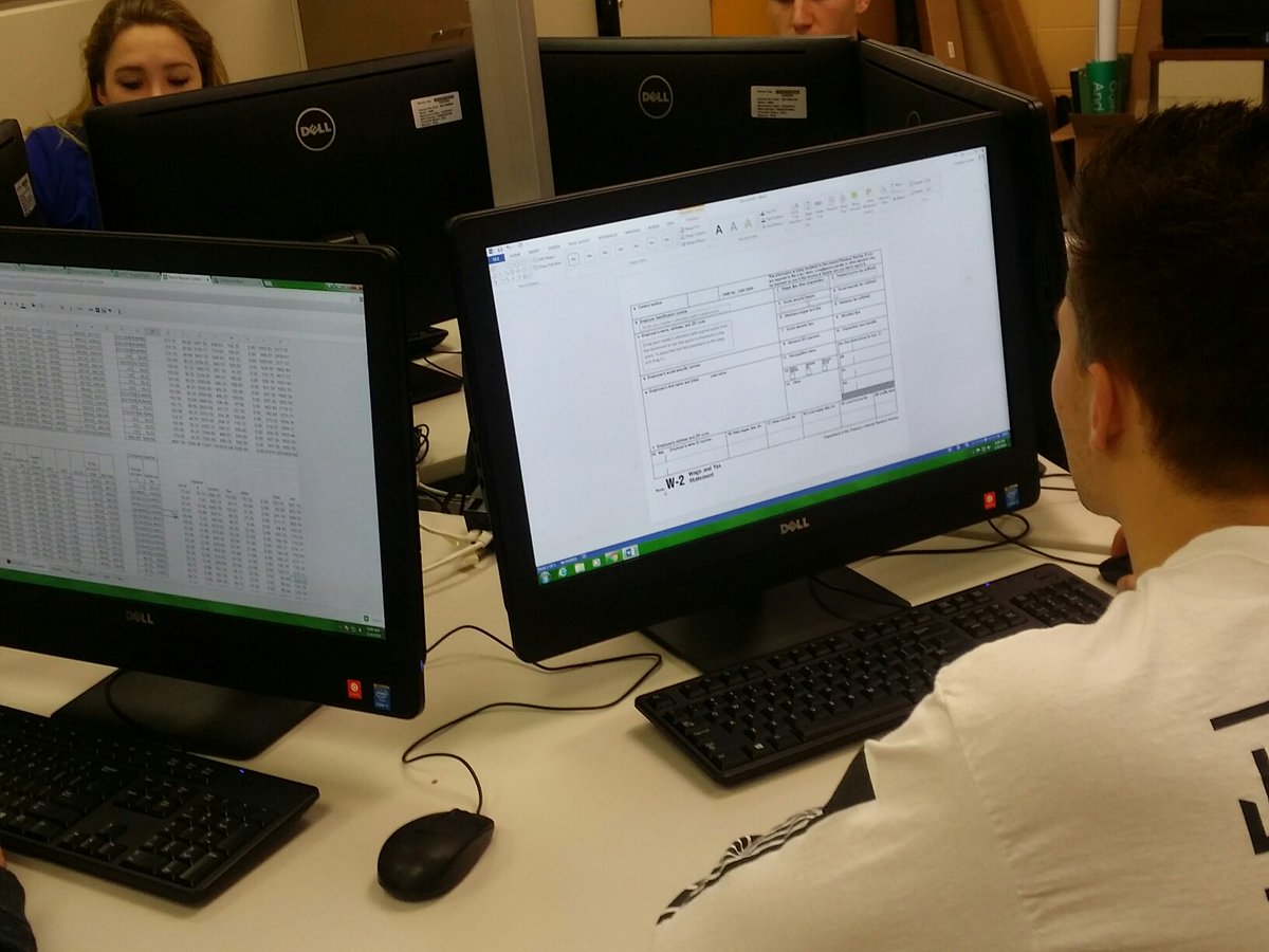 CLSouthHS's tweet photo. Students in Jim Krol's VEI Business class are beginning to prepare W-2s this morning. #vei #underwrapz #d155inspire https://t.co/qKm2oT3T05