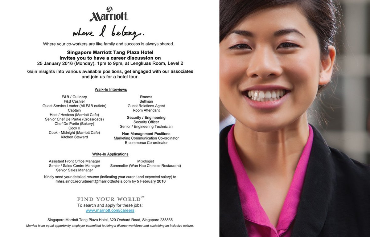 Singapore Marriott Tang Plaza Hotel on Twitter: "Looking for a rewarding  career in hospitality? #Singaporecareers #marriottcareers  #Singaporemarriott https://t.co/uDaZsTorBX" / Twitter