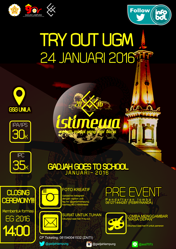 InfoBDL's tweet photo. Dont missed guys : Try Out UGM - Lomba menggambar - Foto Kreatif - Menulis Surat. info: @GadjahLampung https://t.co/ryzdAtlG4P