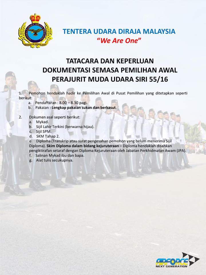 haiqalmizi's tweet photo. Pemilihan Perajurit Muda Udara
Siri 55/16 (Lelaki)
@TwtLelaki
#royalmalaysianairforce
#airforcenextgeneration https://t.co/ioA45rQjbw