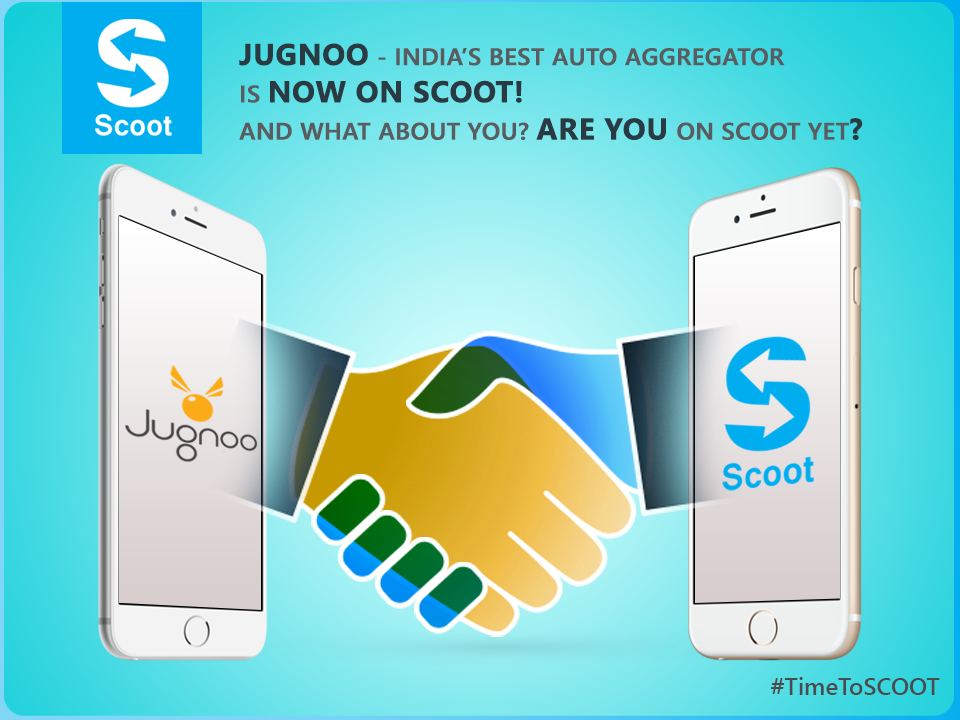 India's largest auto-rickshaw aggregator, @jugnoose is now on Scoot! 
Read more : bit.ly/Scoot-Jugnoo
#TieUp