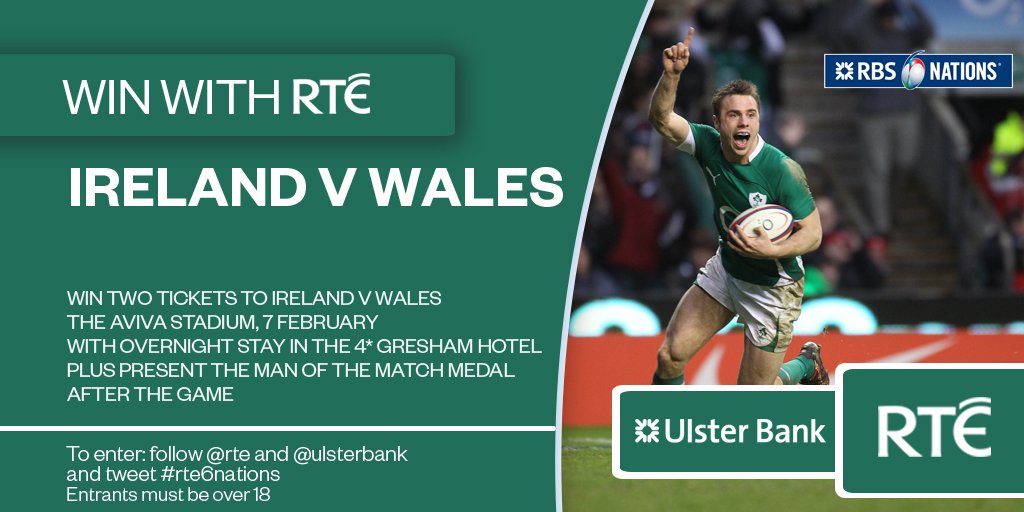 rte's tweet photo. WIN 2 tix to Ire v Wales Feb 7th, Present Man of the Match + Hotel stay.Follow @rte + @UlsterBank + RT #rte6nations https://t.co/8IwNN3X7E3