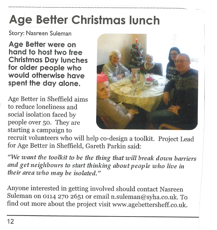 Great piece in <a href="/theBMessenger/">Burngreave Messenger</a> featuring our very own @Gareth_Parkin talking about our @AgeBetterSheff Xmas lunches!