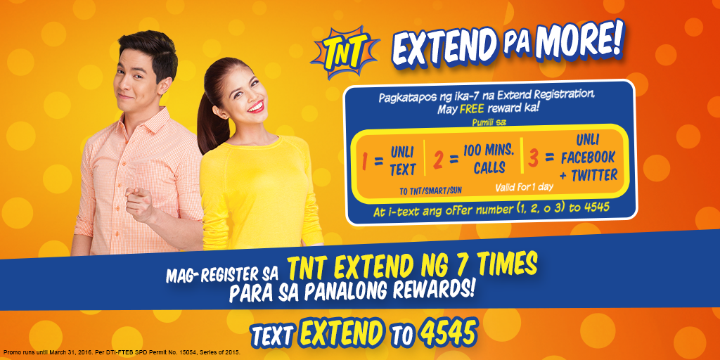 tntph's tweet photo. Ito na ang oras para mag #TNTExtend pa more! Sa ika-7th mong gamit ng extend, may kasama itong panalo rewards! https://t.co/27AJZQrKkC