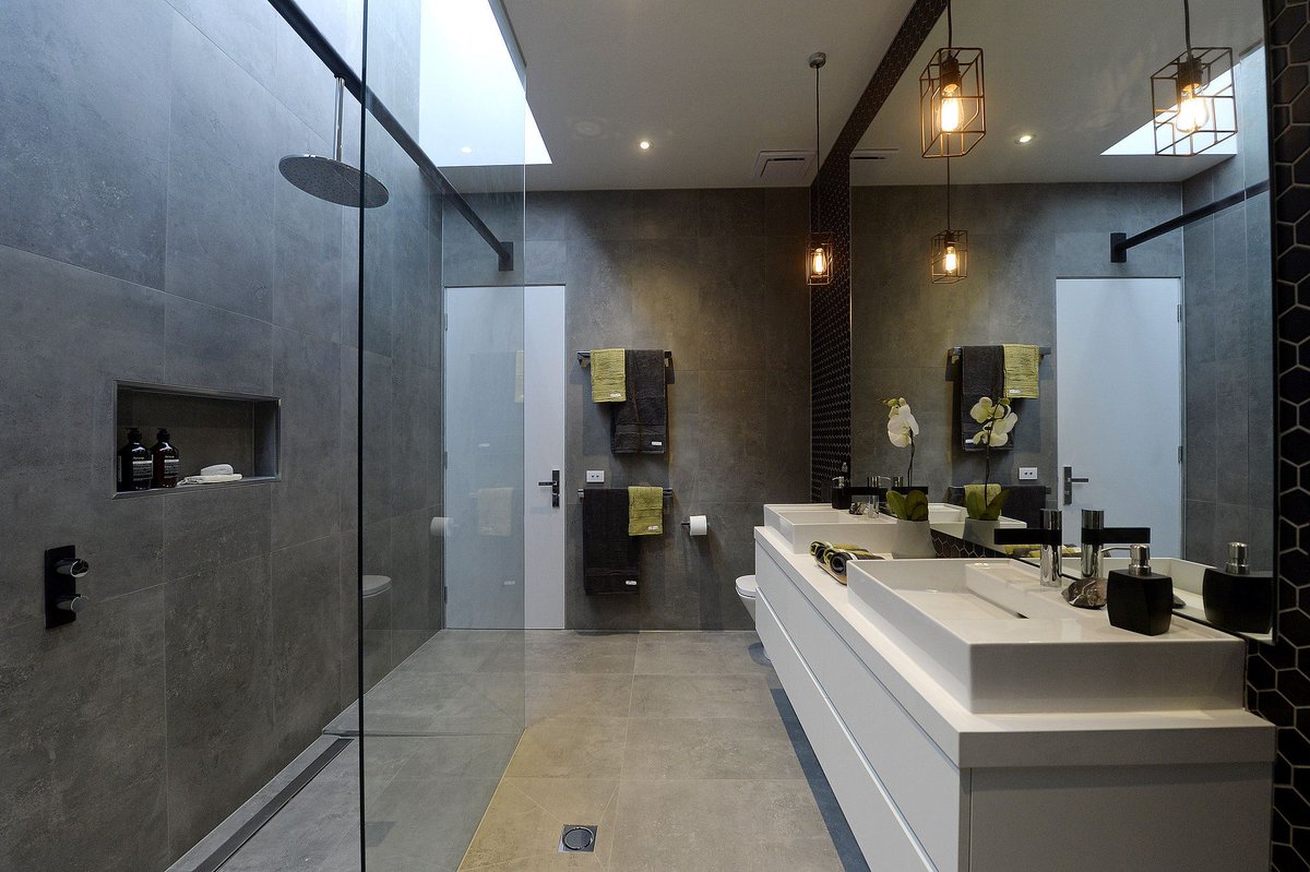 A superb minimalist and chic bathroom! Made in the Block Glasshouse s2 by <a href="/chrisandjenna/">Chris and Jenna</a> <a href="/TheBlock9/">FOLLOW @TheBlock</a> #interiordesign