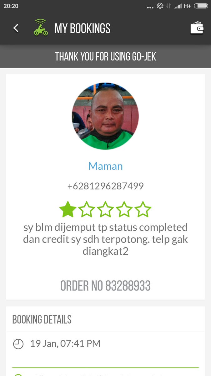 Susiyo's tweet photo. @gojekindonesia credit terpotong,driver gak jemput,status completed pdhal gak prh anter,sms gak dijwb, telp gak jwb https://t.co/pDaNi2hdGp