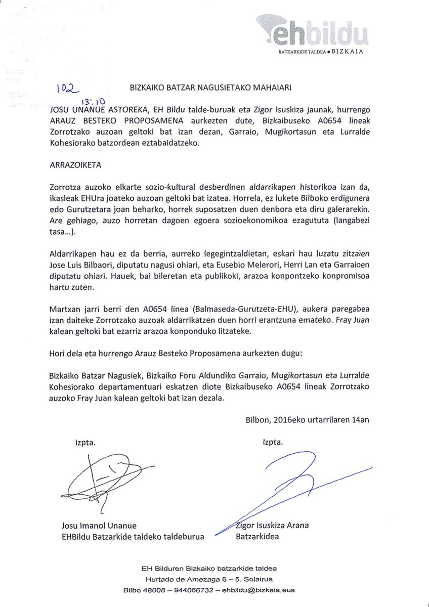 Zorrotza's tweet image. Bizkaibus A0654 Balmaseda-Gurutzeta-EHU
EH Bilduk #Zorrotza-ko Fray Juan kalean geraleku bat izan dezala eskatzen du