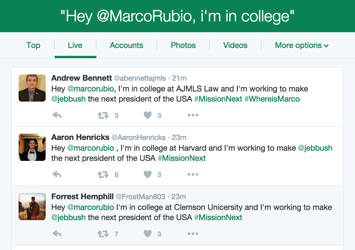 KilloughCNN's tweet photo. On same day as Rubio's millennial ad, young Bush supporters start a Twitter campaign. https://t.co/h5s8UM1Bus