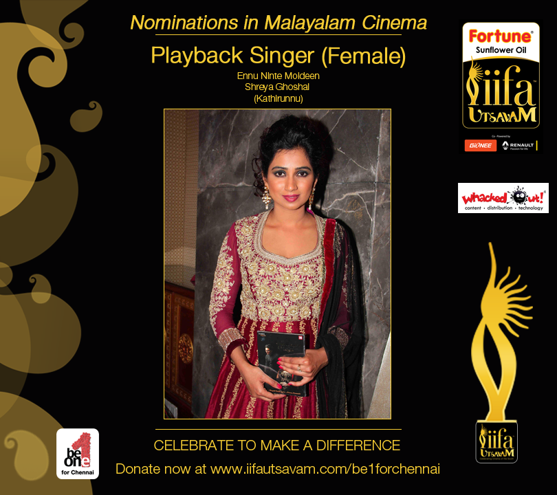 IIFAUtsavam's tweet photo. Nominee for #IIFAUtsavam #PlaybackSinger #Malayalam @shreyaghoshal
#Be1forChennai Donate https://t.co/e6GaJUvL5w https://t.co/hlCWdcdD3y