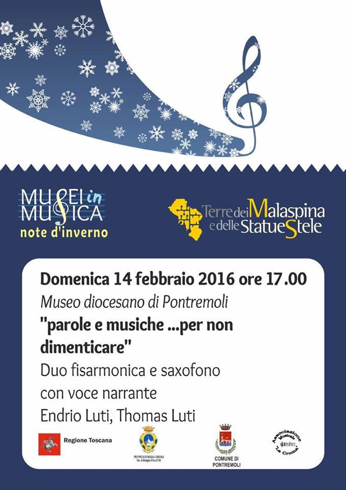 AssMusLaCroma's tweet photo. #concerto #giornatadellamemoria 14/02/2016 ore 17.00 #museodiocesano #pontremoli #ancelibere e voce recitante! https://t.co/EM5LsnwBmq
