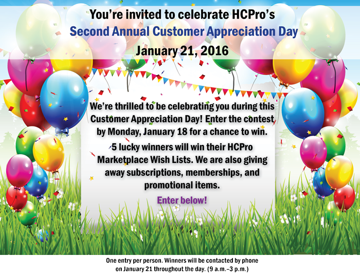 HCPro_Inc's tweet photo. Second Annual Customer Appreciation Day.
Retweet by noon 01/21. One lucky winner will win a great prize. #hcpro https://t.co/RYu4oIvphP