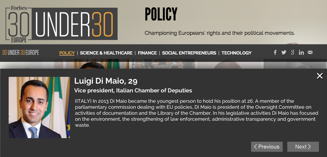 M5S_Camera's tweet photo. Il nostro @luigidimaio è tra gli under 30 più influenti d’Europa secondo @Forbes. https://t.co/zT1TWLGU1Z