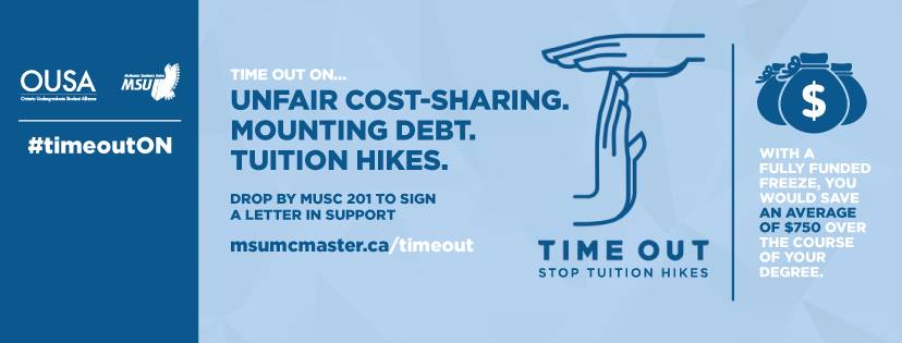 MSU_McMaster's tweet photo. We teamed up with @OUSA to FREEZE TUITION! Read about the #TimeOutON campaign here: https://t.co/fmIcZaeytI https://t.co/BNDOr631xx