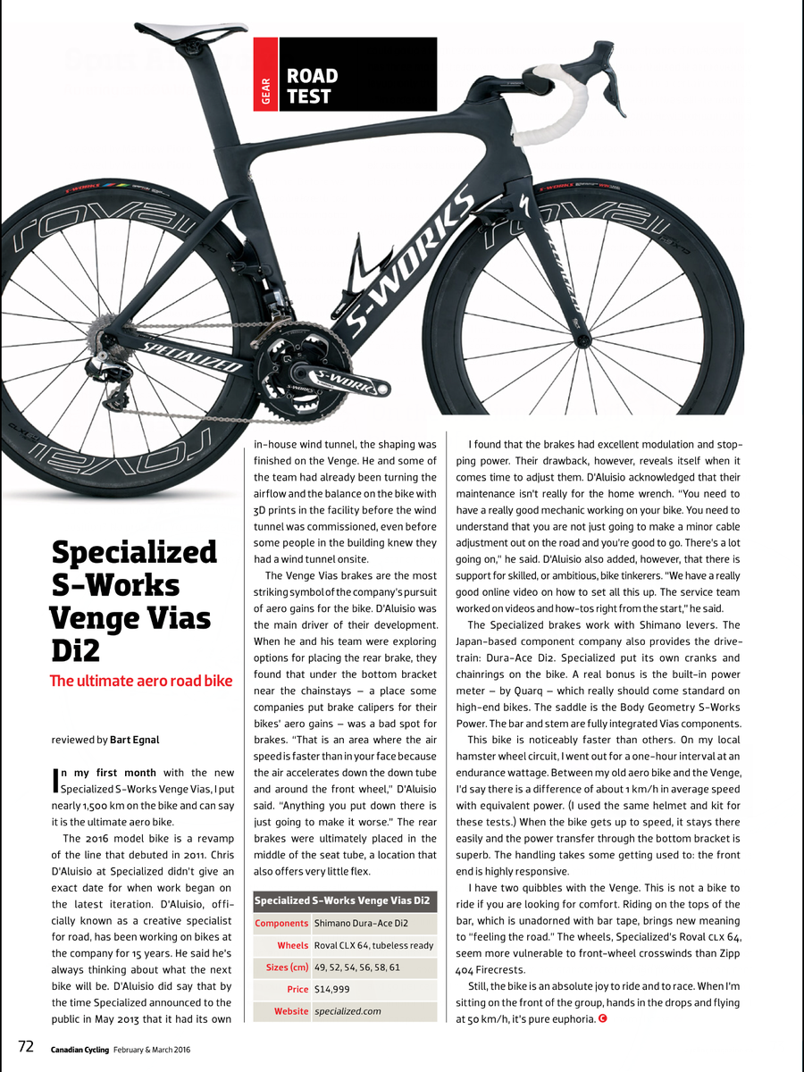 Check out my review of my new <a href="/iamspecialized/">Specialized Bicycles</a> Venge Vias in this month's <a href="/CDNCyclingMag/">claude lipkin</a>. This bike flies.