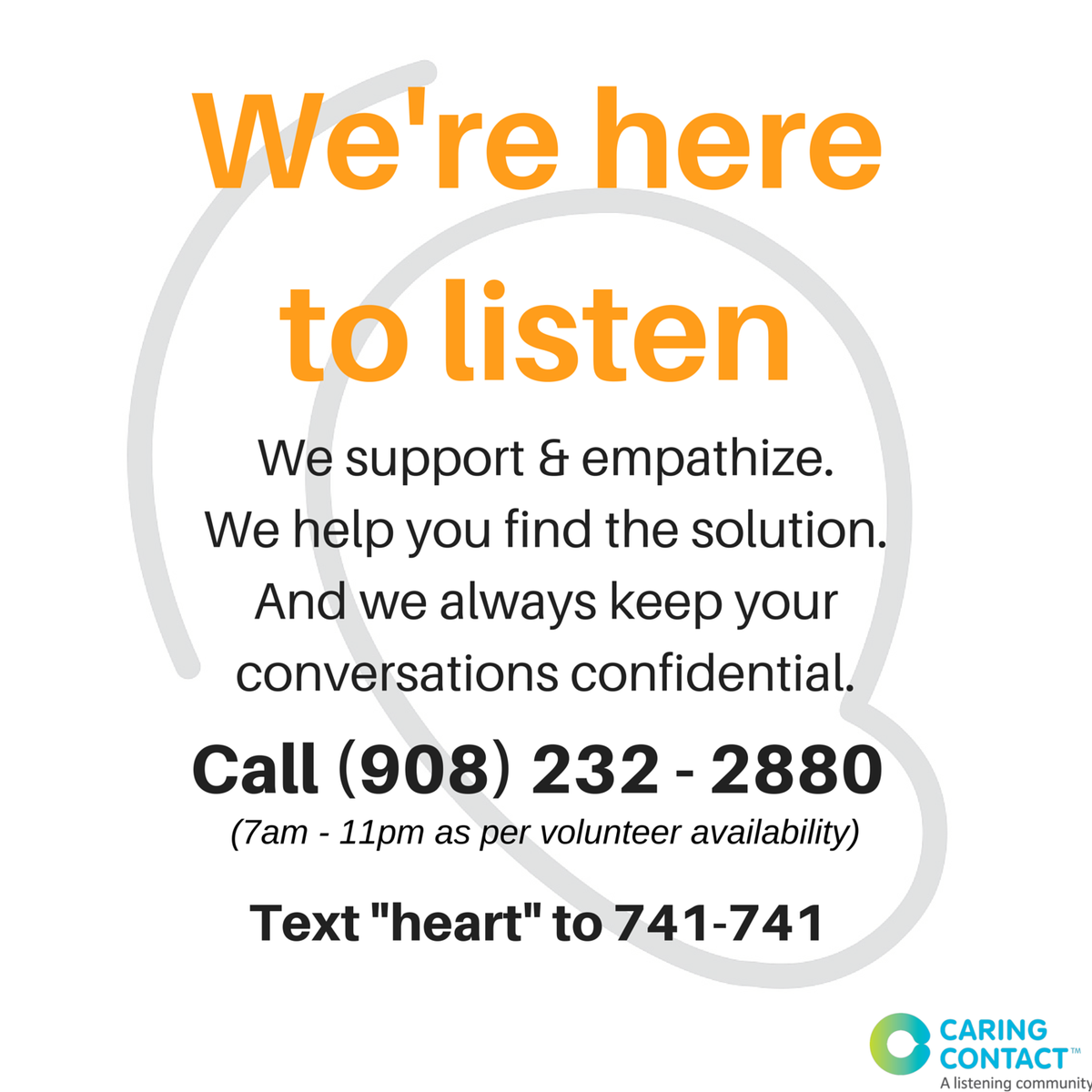 CaringContact's tweet image. We're here to listen. We're here for you. You're not alone. #crisishotline #SuicidePrevention #caringcontact