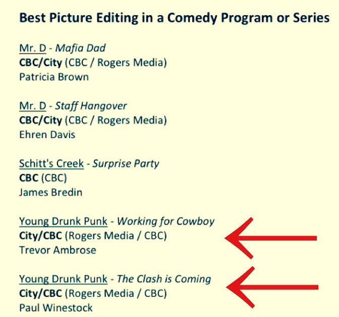 And Trevor and Paul both getting nominated for editing means YOUNG DRUNK PUNK has a total of SEVEN nominations. 👍