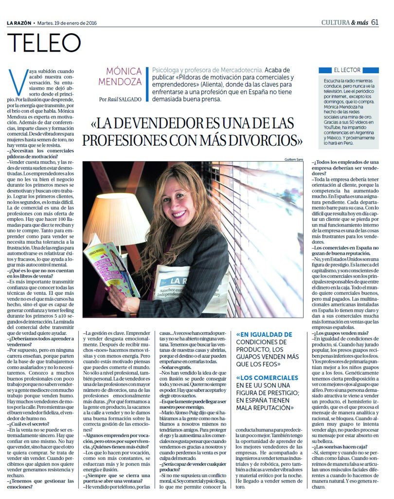 Commerciales_'s tweet photo. Fantástica entrevista en @larazon_es a @monicaventas. Tenemos que "dignificar" la labor comercial. #ventas https://t.co/w3G5dCQLm6