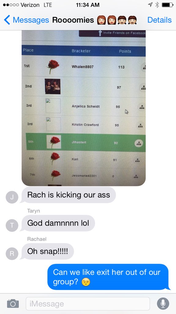 AnjelicaScheidt's tweet photo. We take our brackets seriously.. #BachelorMondays I'm coming for the numba 1 spot. @TarynRachelle1 @Jennaration9 https://t.co/cNP8Bj1yQL