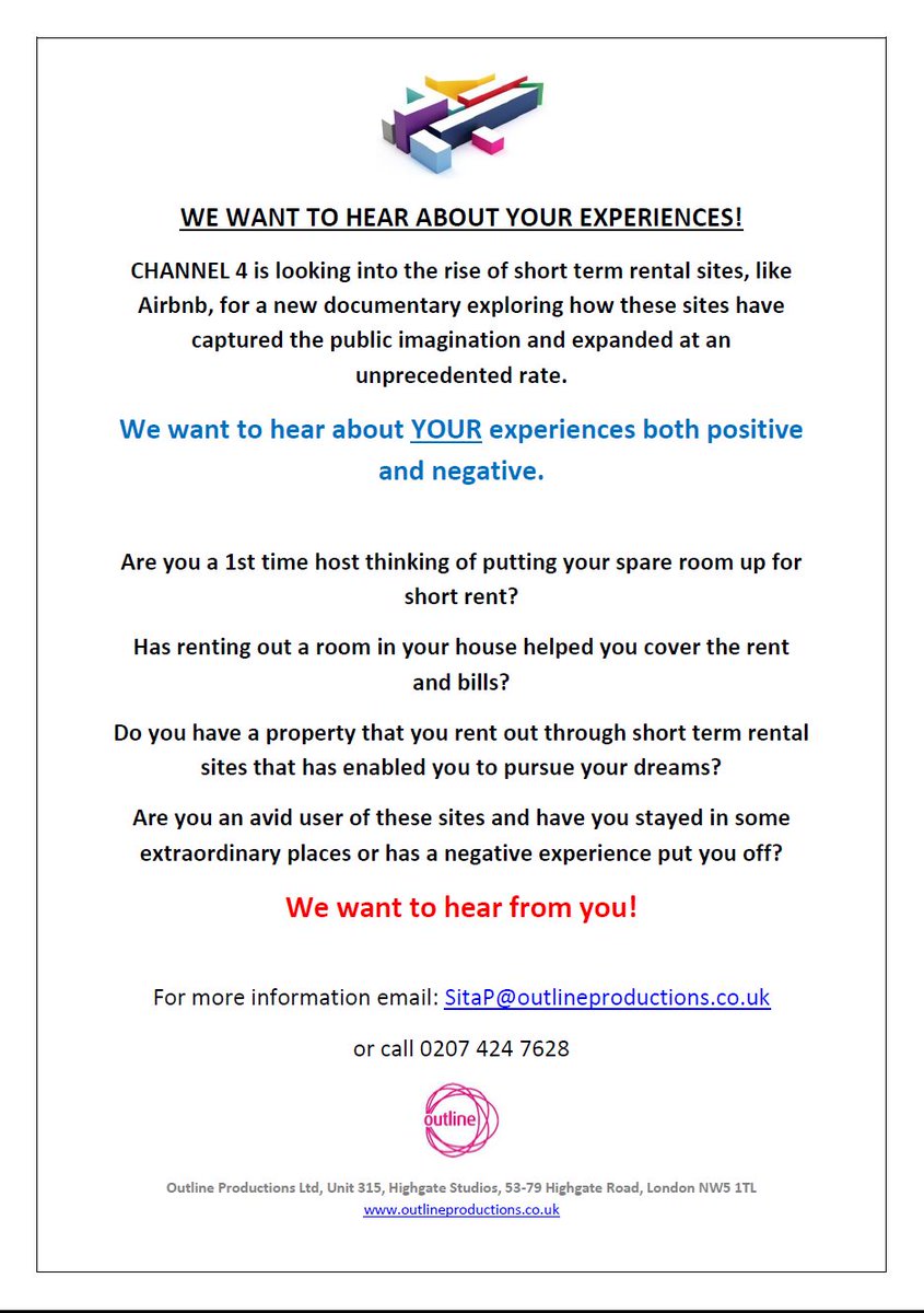 <a href="/CastingUKTV/">Casting UK TV</a> C4 is looking at the rise of short term let sites like Airbnb for a new doc and wants to hear from you!