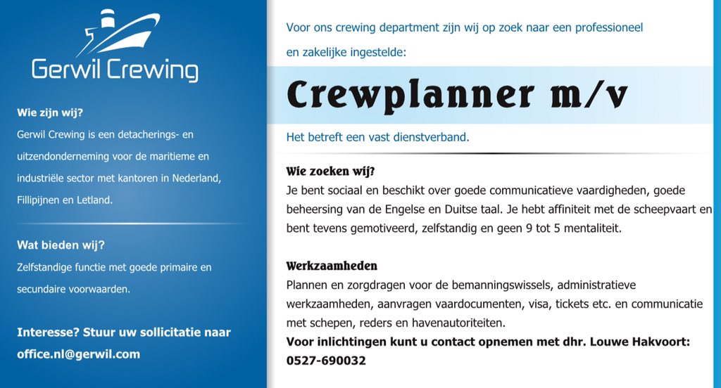 GerwilCrewing's tweet photo. Vacature - Crewplanner - Please RT https://t.co/2XnC3JMwwK