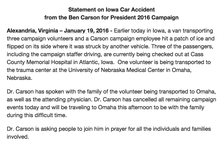 Ben Carson Iowa staffers involved in wreck, grave condition