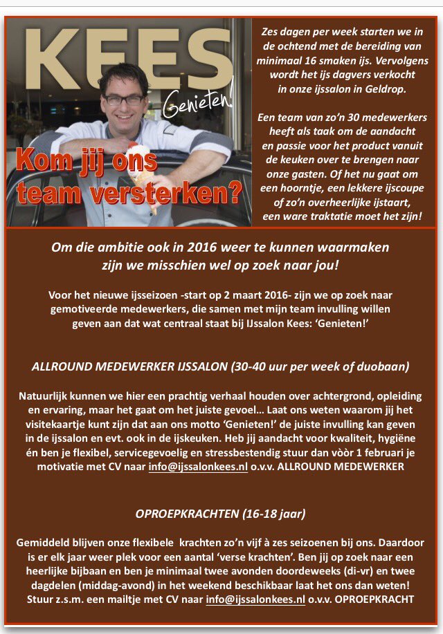 Toe aan een nieuwe uitdaging? Of als scholier op zoek naar een heerlijk bijbaantje? Mailen maar...