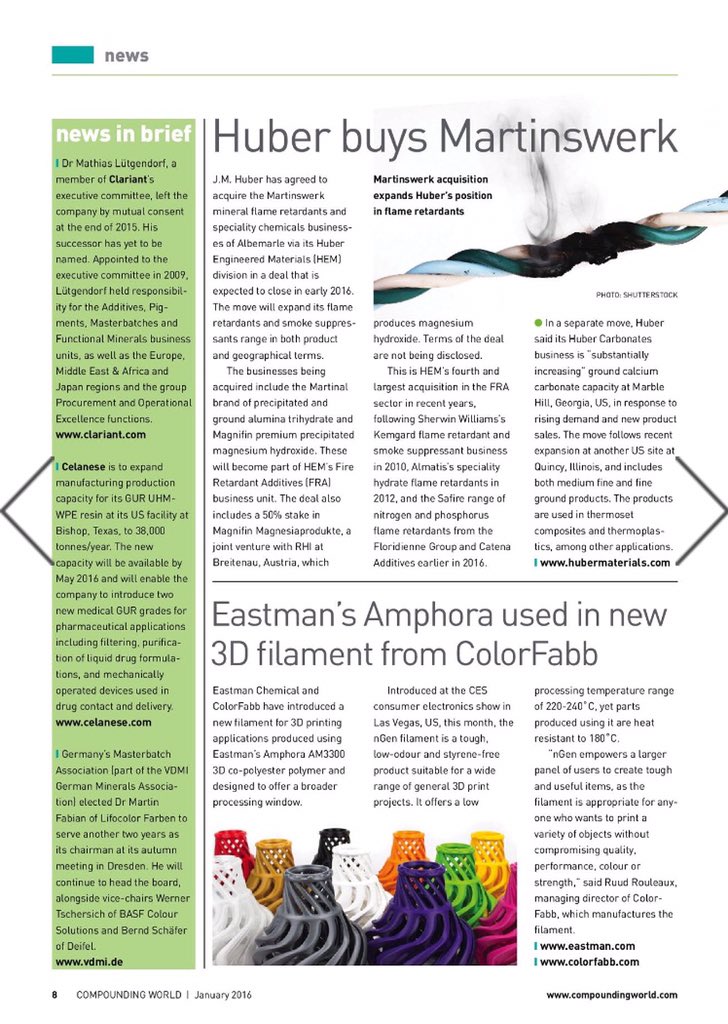 ColorFabb's tweet image. Article in #compoundingworld about our co-operation with @EastmanChemCo regarding #Amphora #3dprinting filament