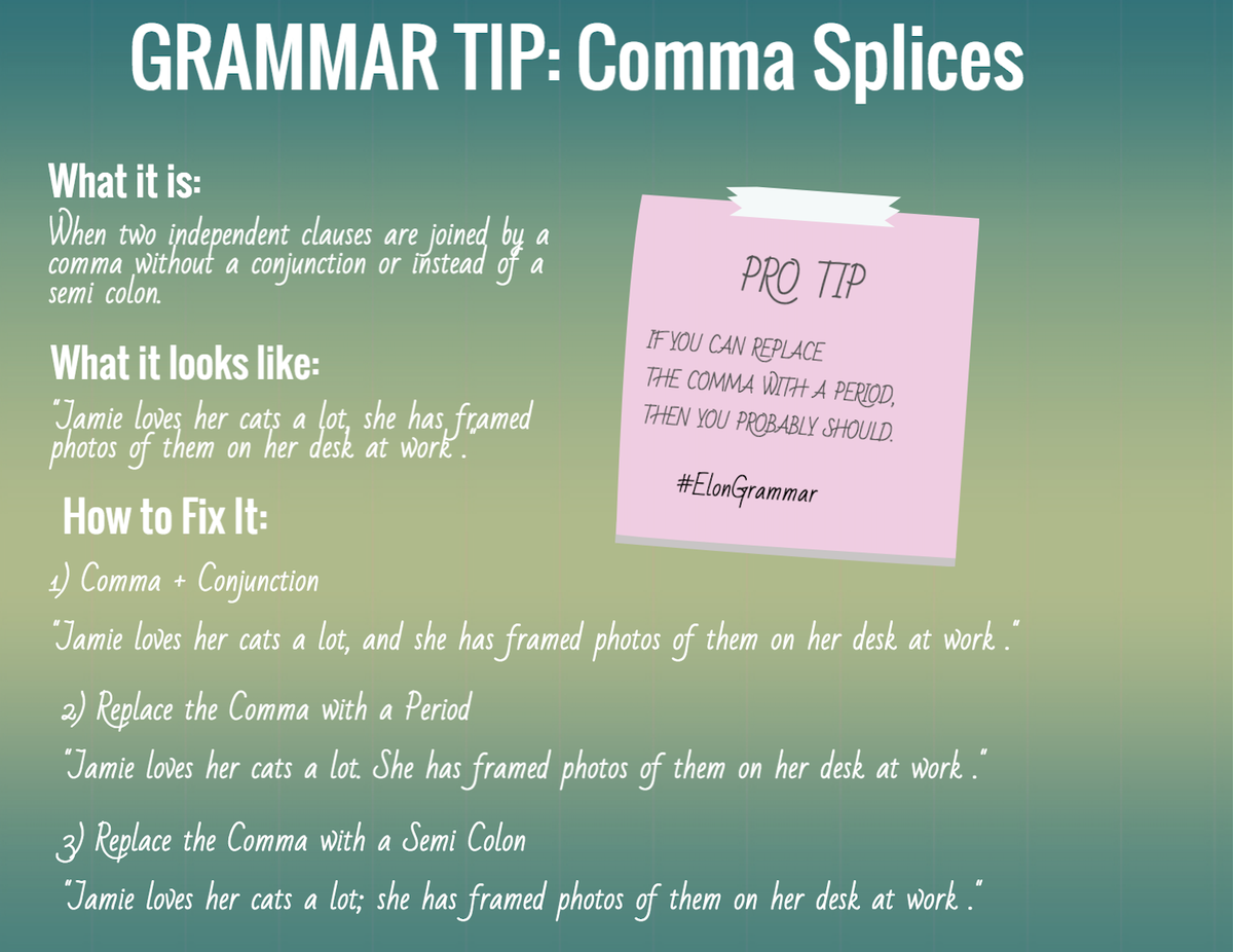 Steven_Ure's tweet photo. Comma splices be gone! #writingtips #grammar https://t.co/wVNrpq8CZ6